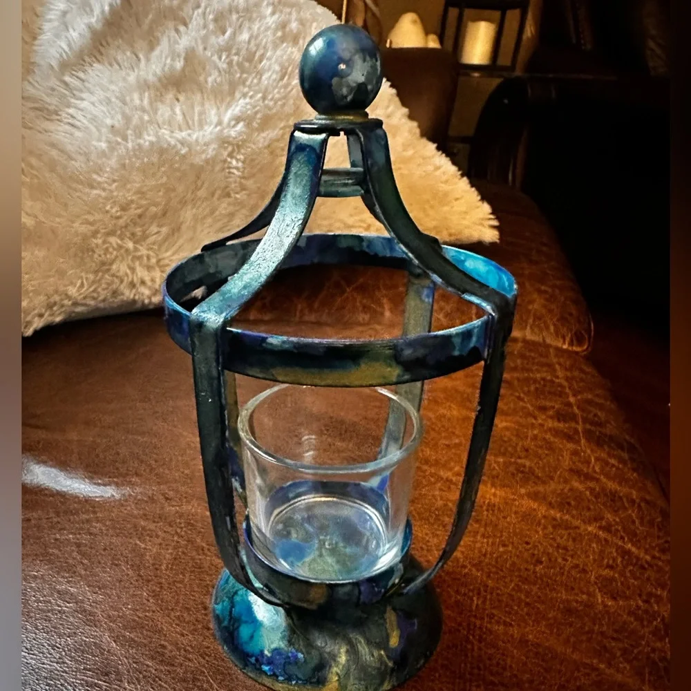 Handcrafted blue metal lantern votive holder with glass cup decorative accent